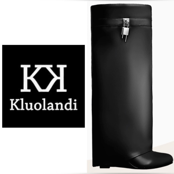 NEW IN BOX Black Fold Over Wedge Heel Wide Calf Pull On Knee High Boots Size 10 - Picture 8 of 16